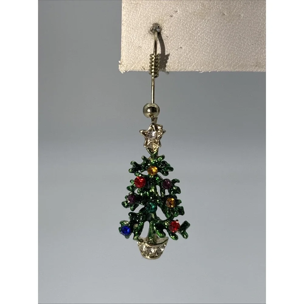 Vintage Silver Tone Rhinestone Christmas‎ Tree Holiday Pierced Dangle Earrings